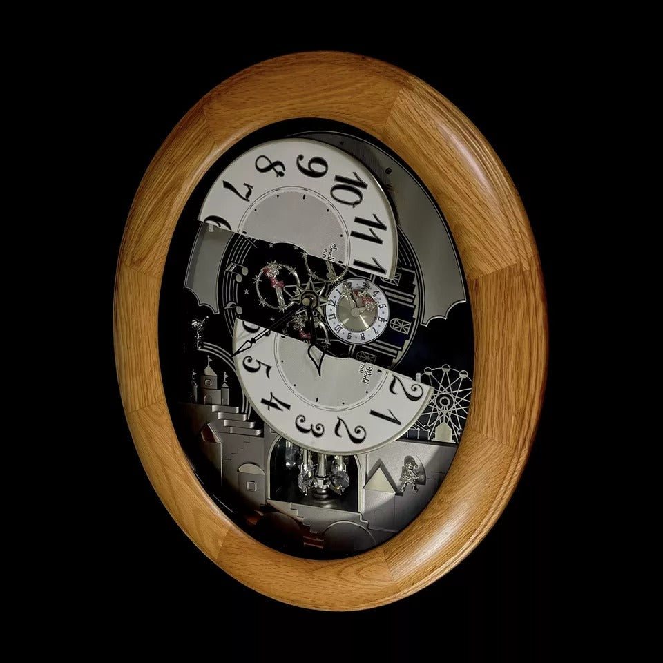 Rhythm "Timecracker Golden Oak" Moving Dial Magic Motion Musical Wooden Wall Clock with Popular Melodies - 4MH782-R07