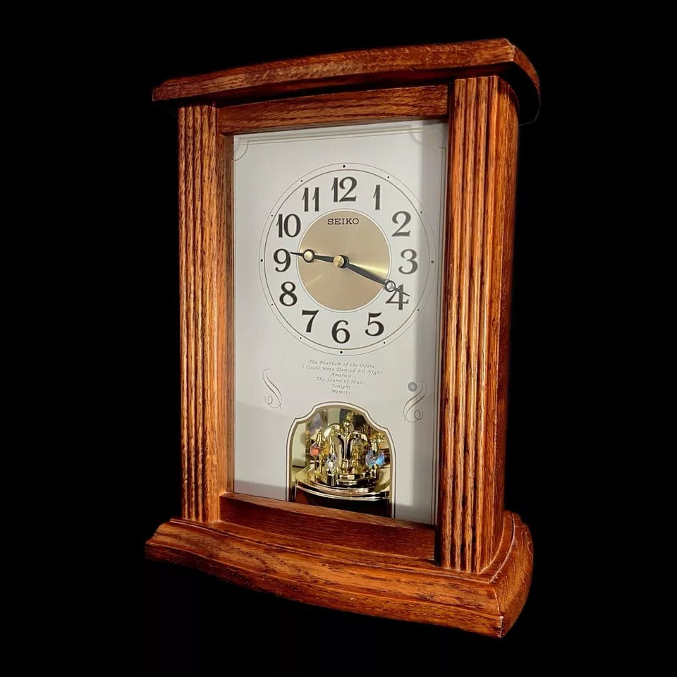 Seiko QXW114BLH "Broadway Oak" Wooden Musical Motion Decorative Pendulum Mantel Clock