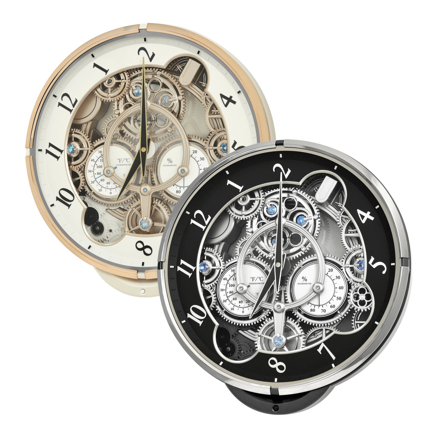 Limited Time Sale! | Rhythm “Chronograph” Skeletonized Dial Magic Motion Musical Wall Clock with Moving Gears - 4MH442WU08 (Black/Silver), 4MH900WU03 (White/Gold)