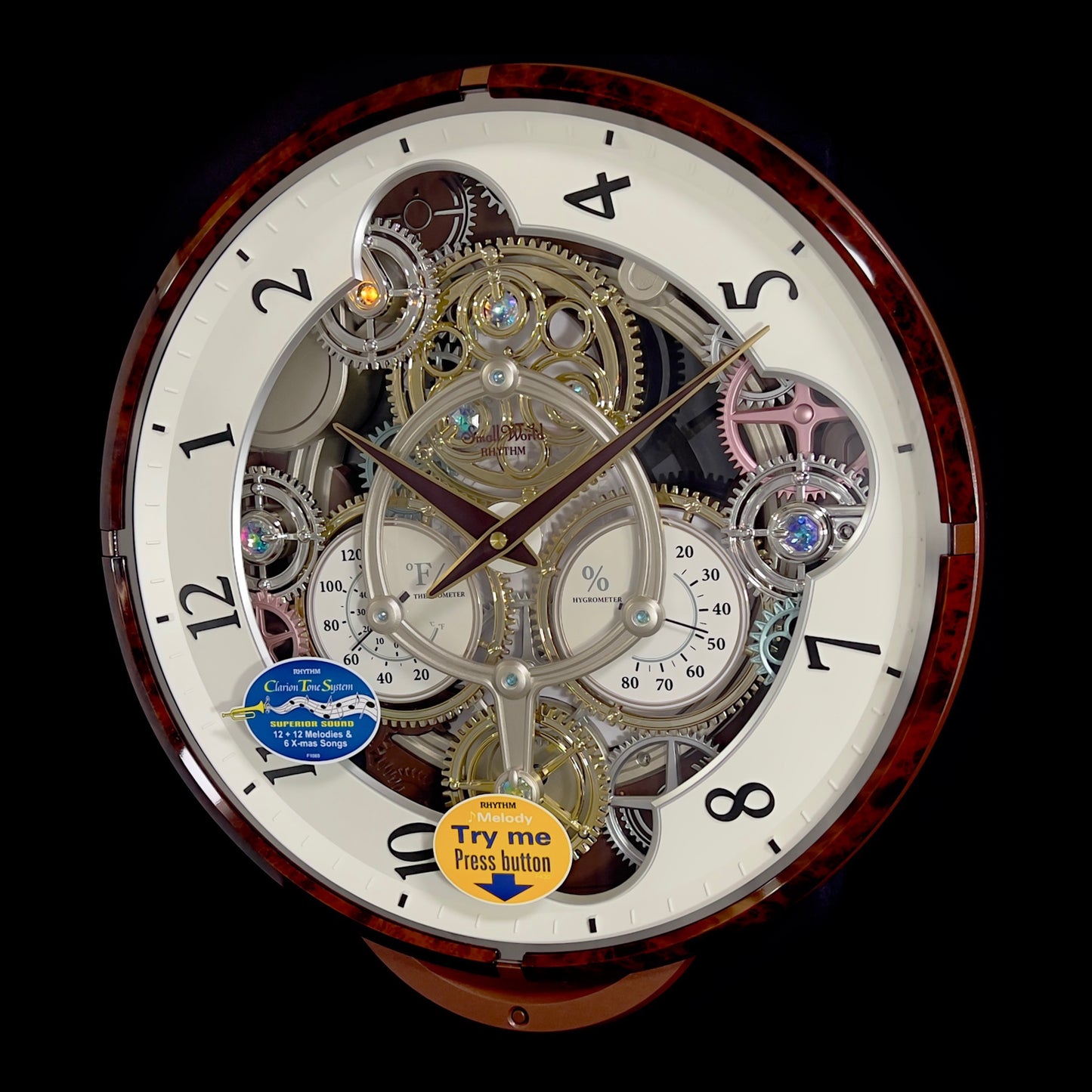 Limited Time Sale! | Rhythm “Widget” Skeletonized Dial Magic Motion Musical Wall Clock with Moving Gears - 4MH886WU23